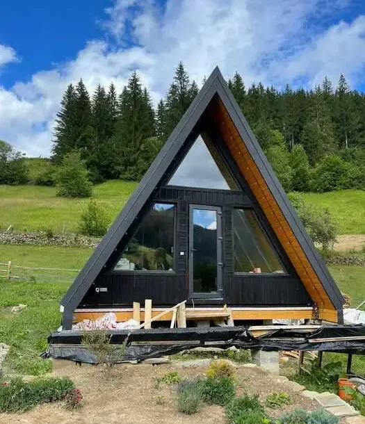 Black A-frame cabin with large glass windows in a forest setting