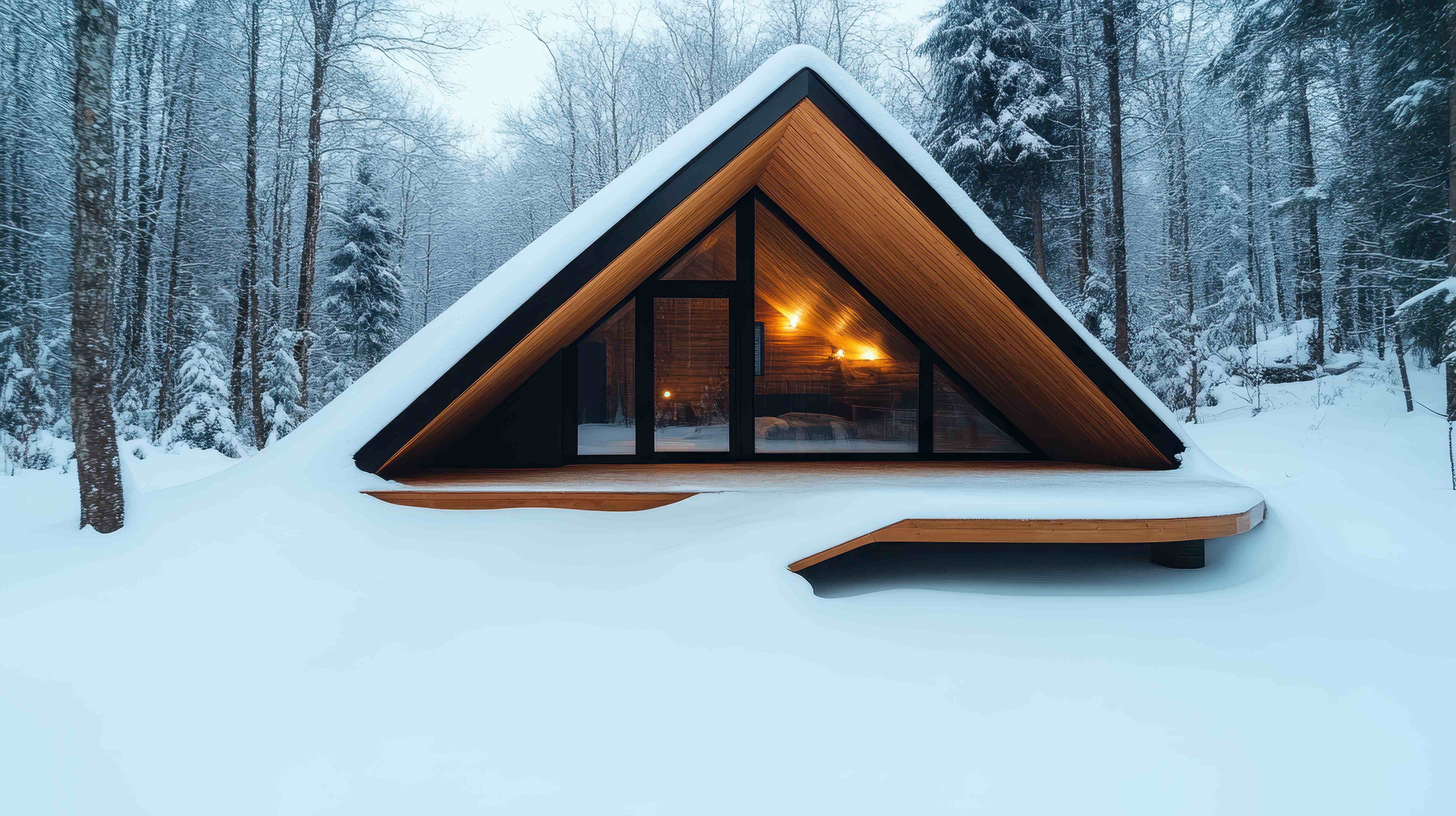 A-frame cabin in winter snow