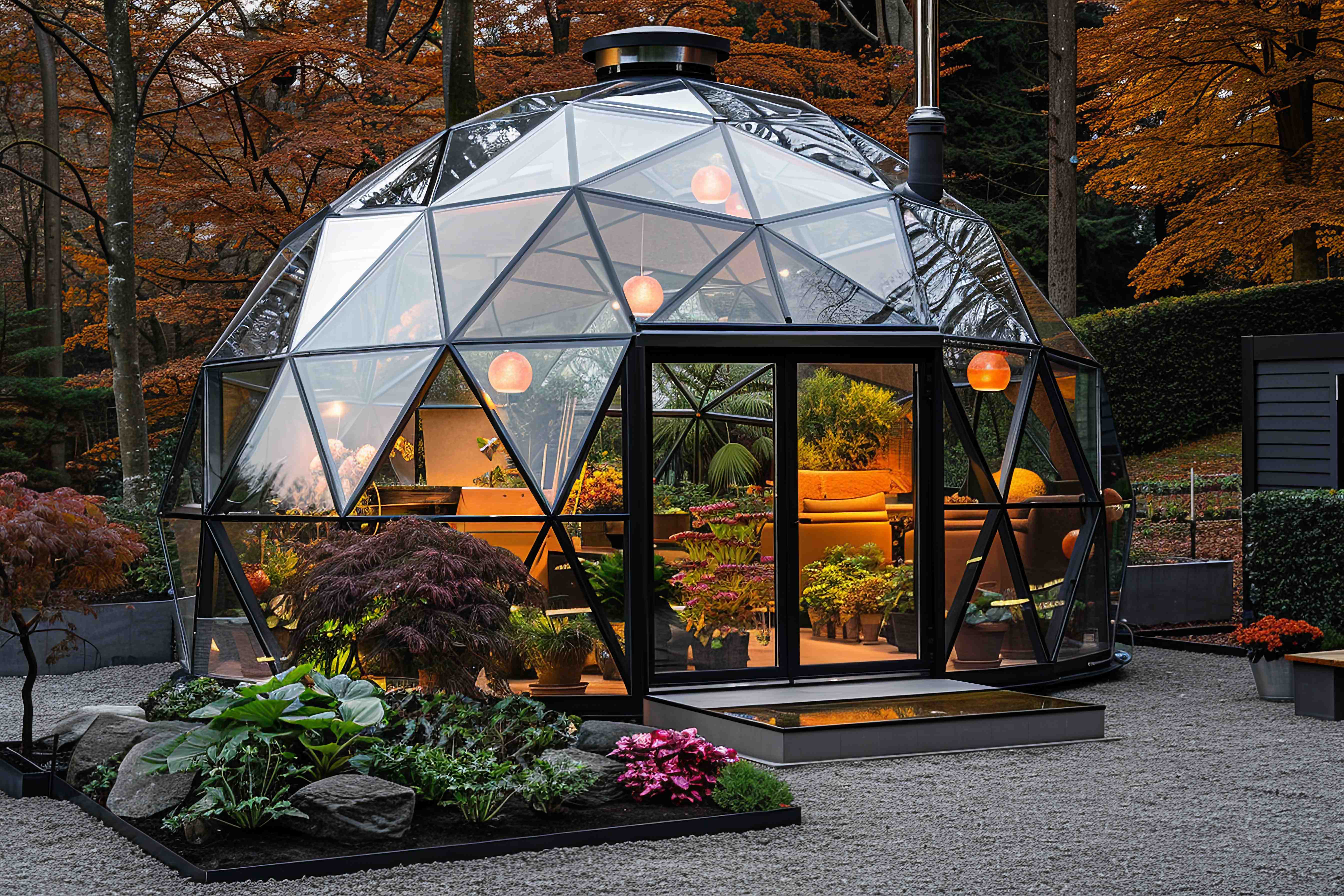 Glass geodesic dome greenhouse in autumn forest with orange foliage