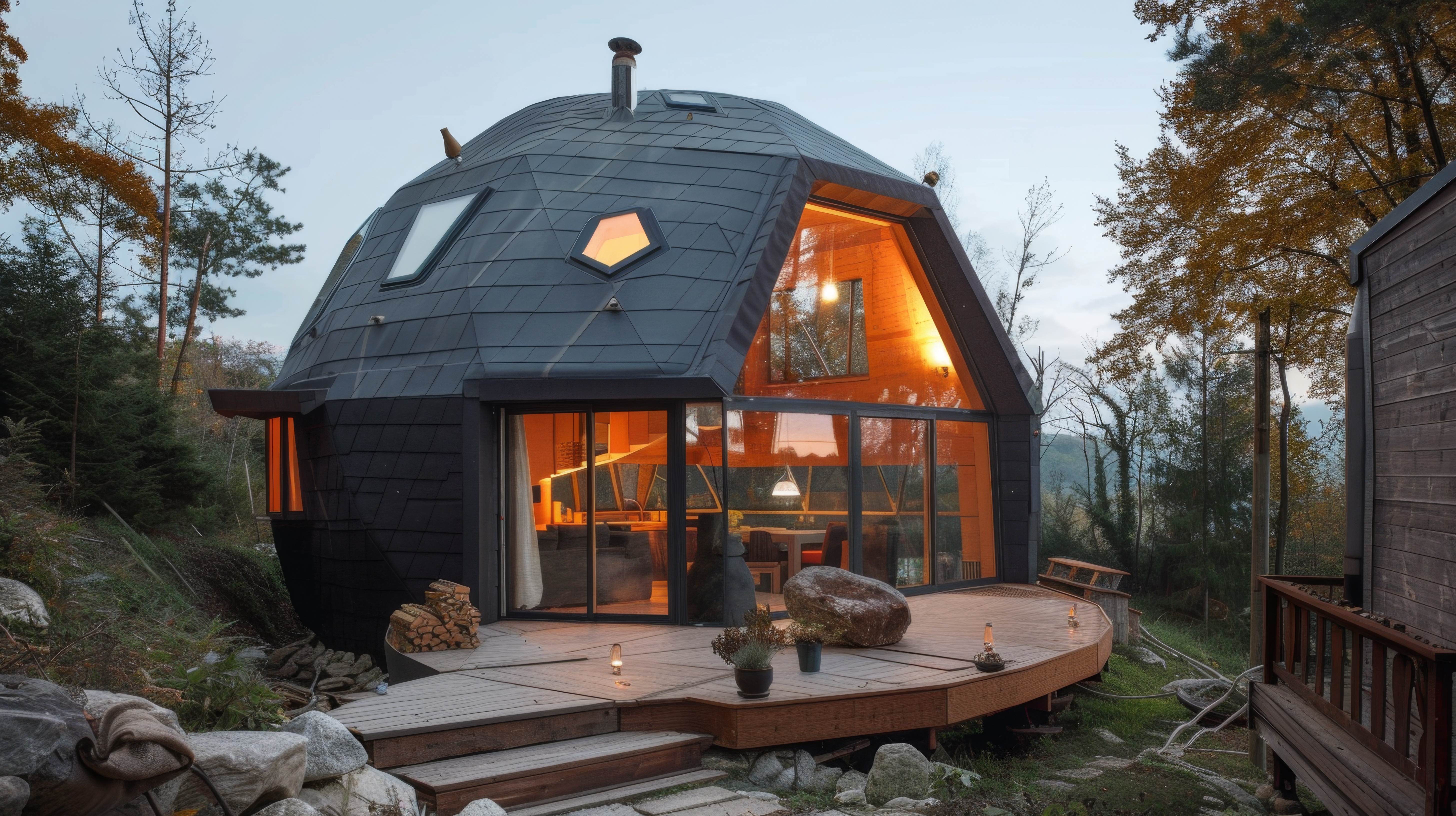 Modern geodesic dome home with slate exterior and wooden deck at dusk
