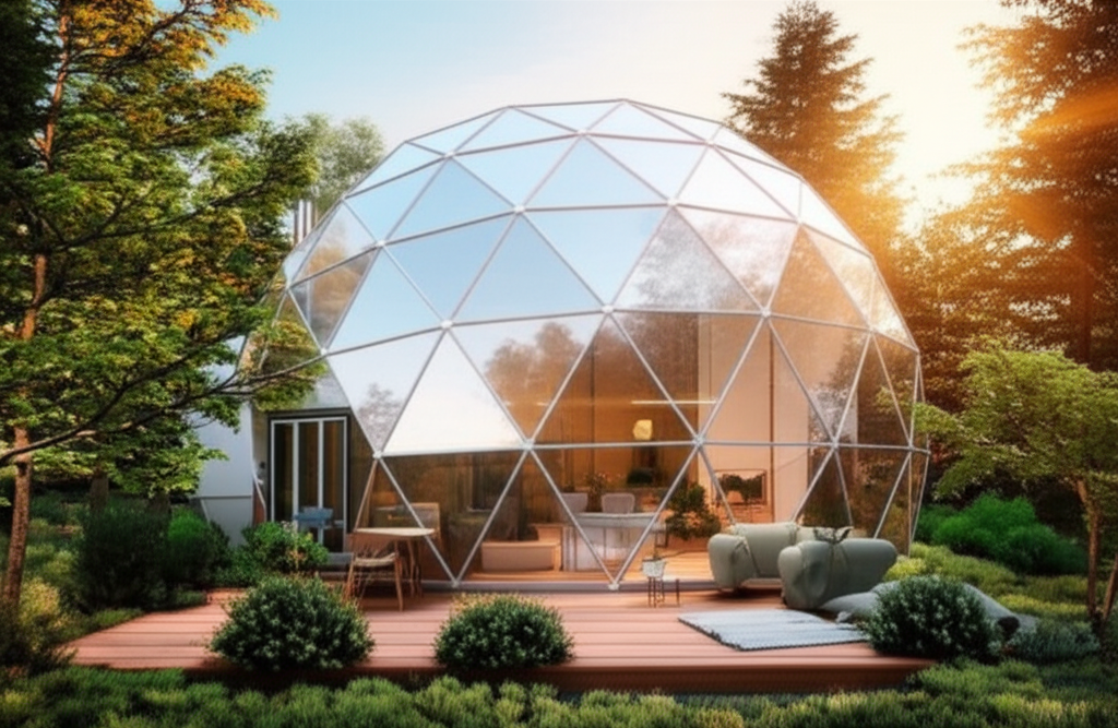 Geodesic dome exterior at sunset