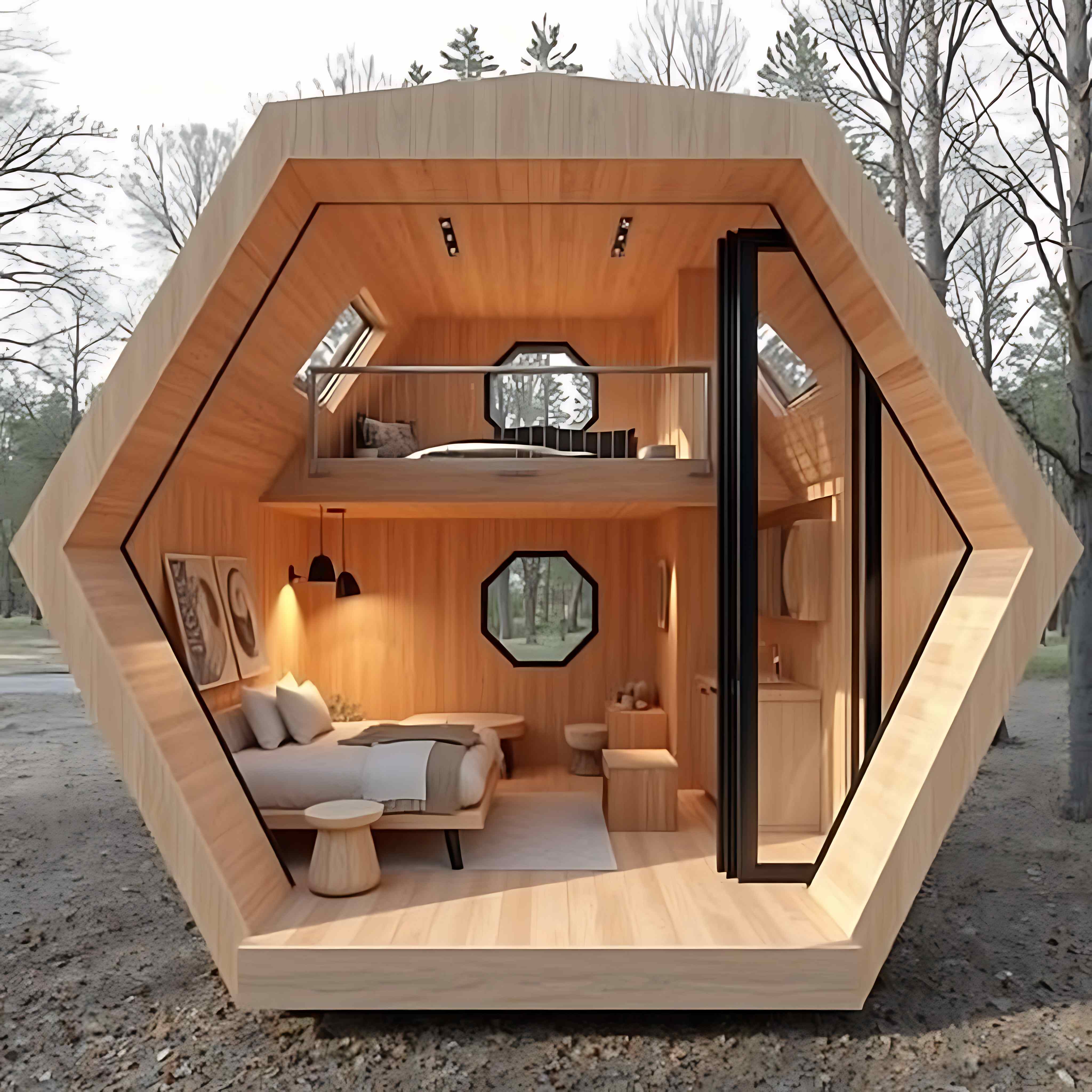 Wooden hexagonal pod interior with bedroom and loft space