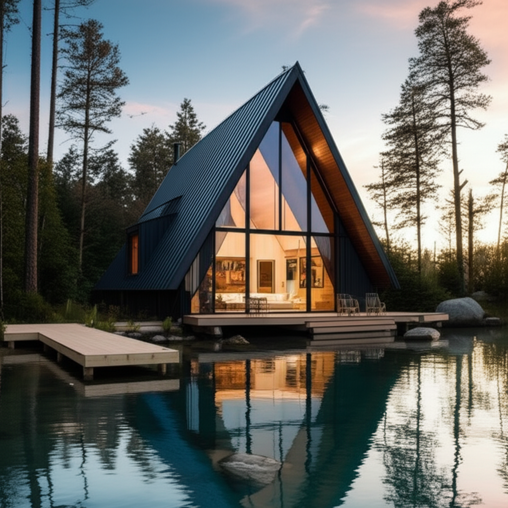 A-frame cabin by lake
