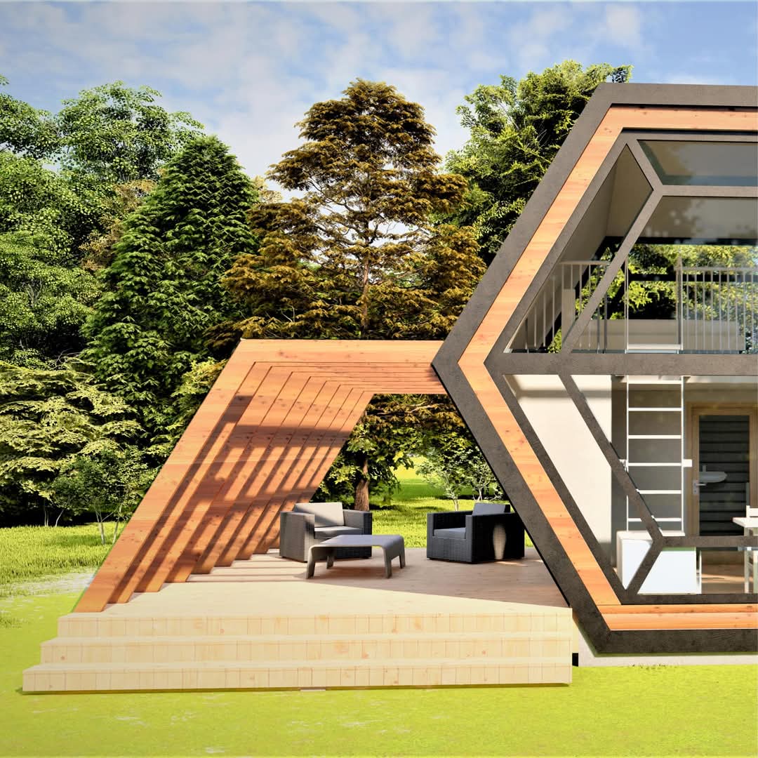 Modern A-frame with wooden deck